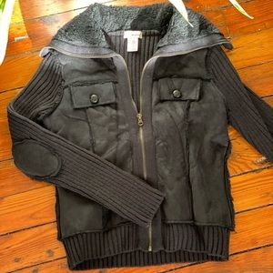 Retro Moto Sweater Black Ribbed Zip Up Size Large